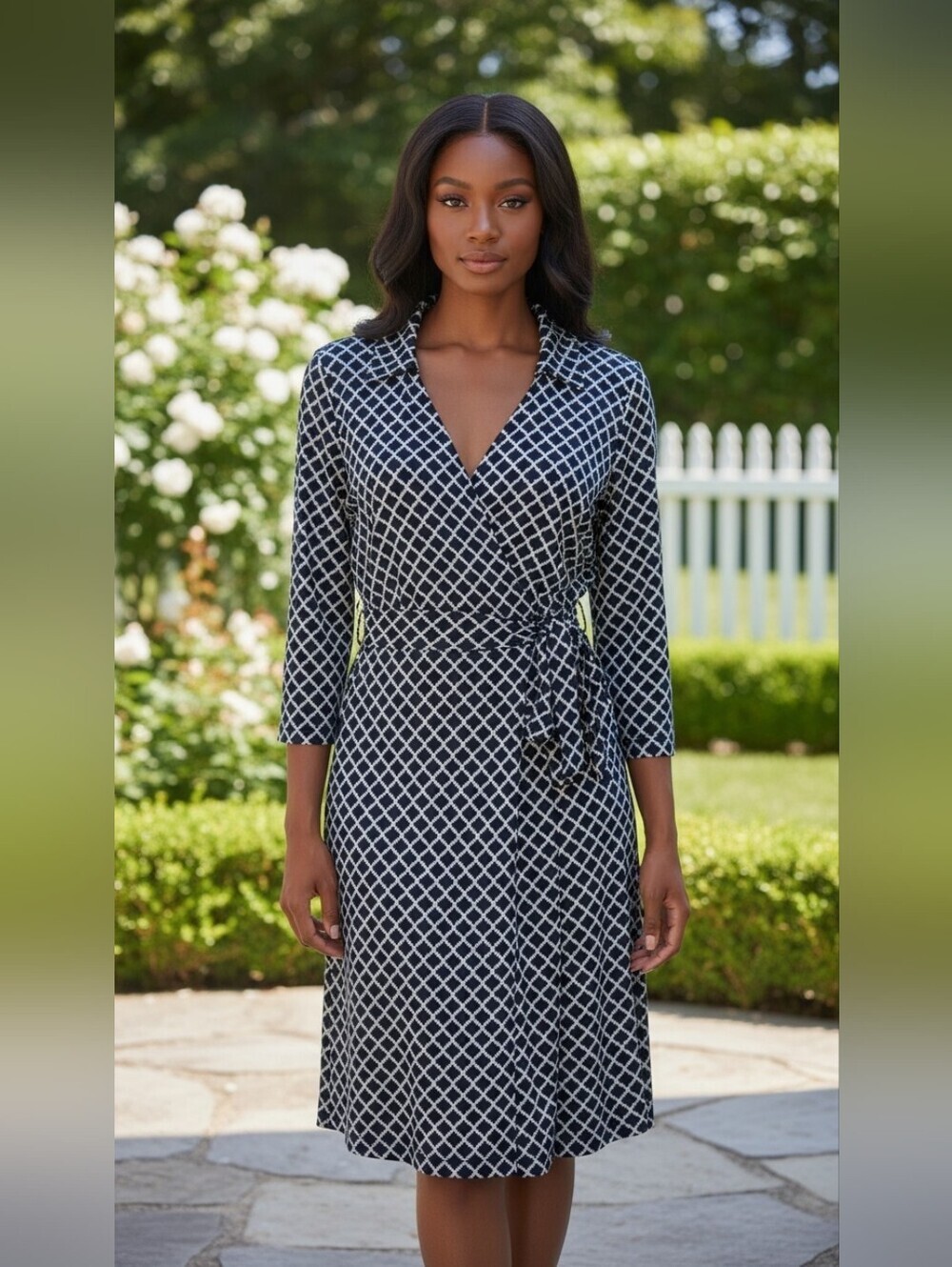 Brooks Brothers Navy Geometric Print Wrap Dress Tie Waist Size L